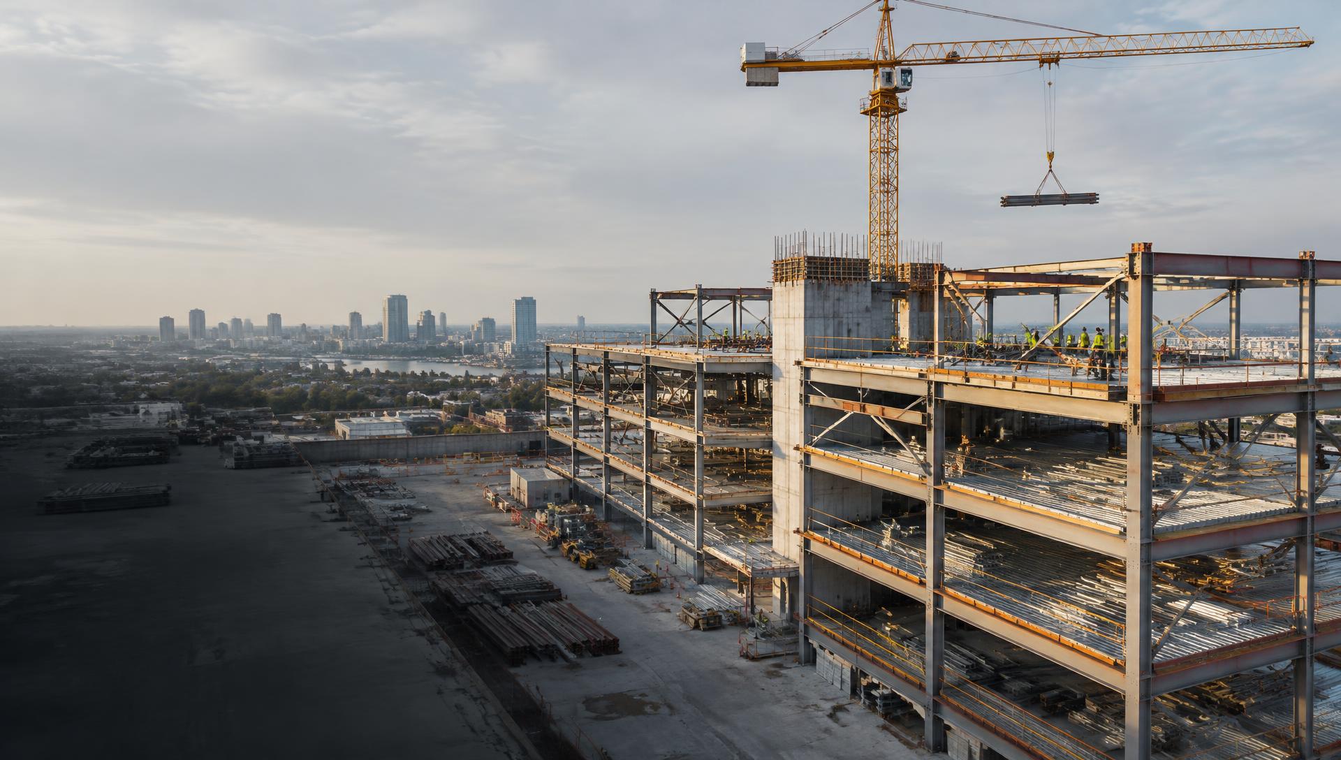Steel-framed commercial building under construction with a tower crane